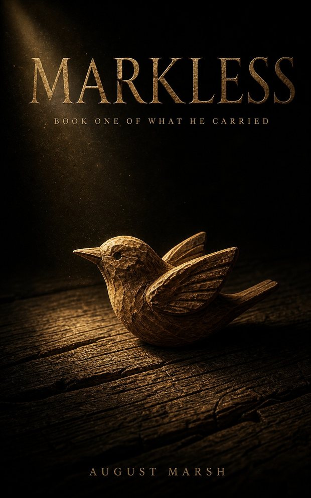 Cover of Markless: a small bird carved from pale wood, resting on weathered planks in a shaft of gold light.